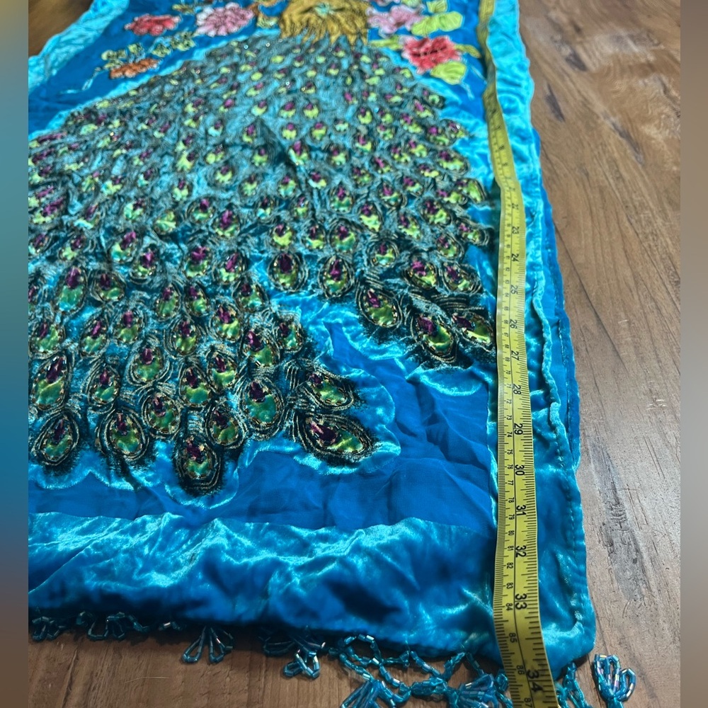 VTG Panne Silk Scarf Beaded Crushed Velvet Shawl Peacock Turquoise Floral Wrap - Picture 10 of 11